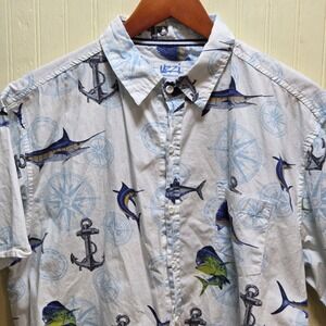 Uzzi Shirt Mens XL White Nautical Fish Print Short Sleeve Button Up Casual